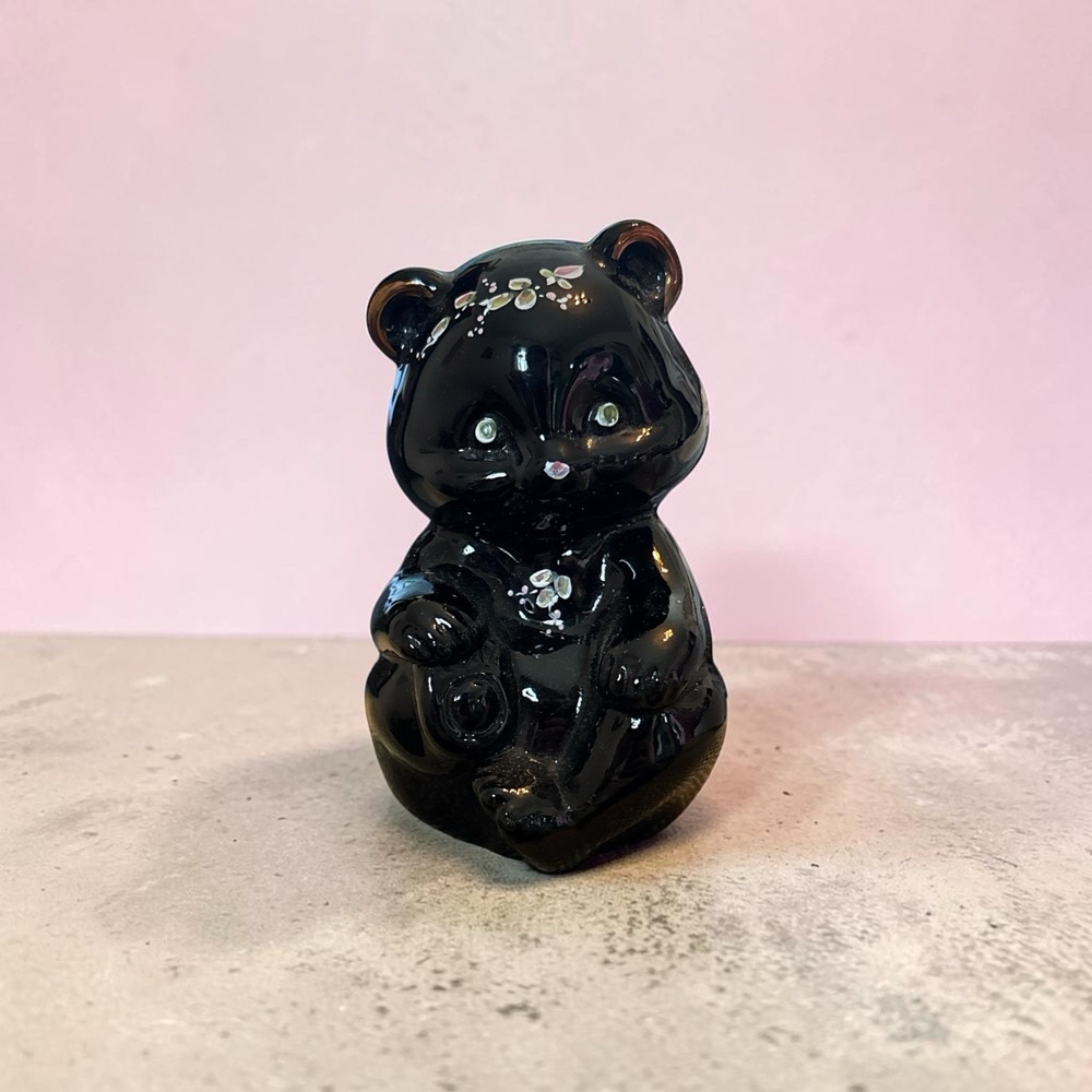 Fenton Glass Black Bear Figurine Floral Hand Painted Signed
